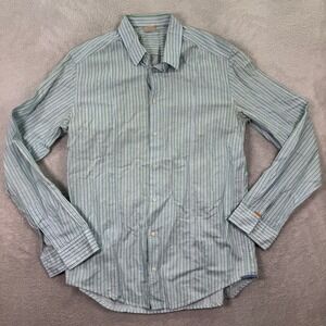 BOSS ORANGE Mens Large Shirt Light Blue Green Striped‎ Long Sleeve Casual Linen